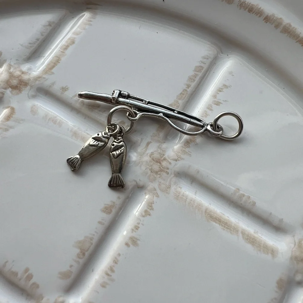 Vintage Fishing Pole Charm Pendant with Two Fish Silver Tone NOS